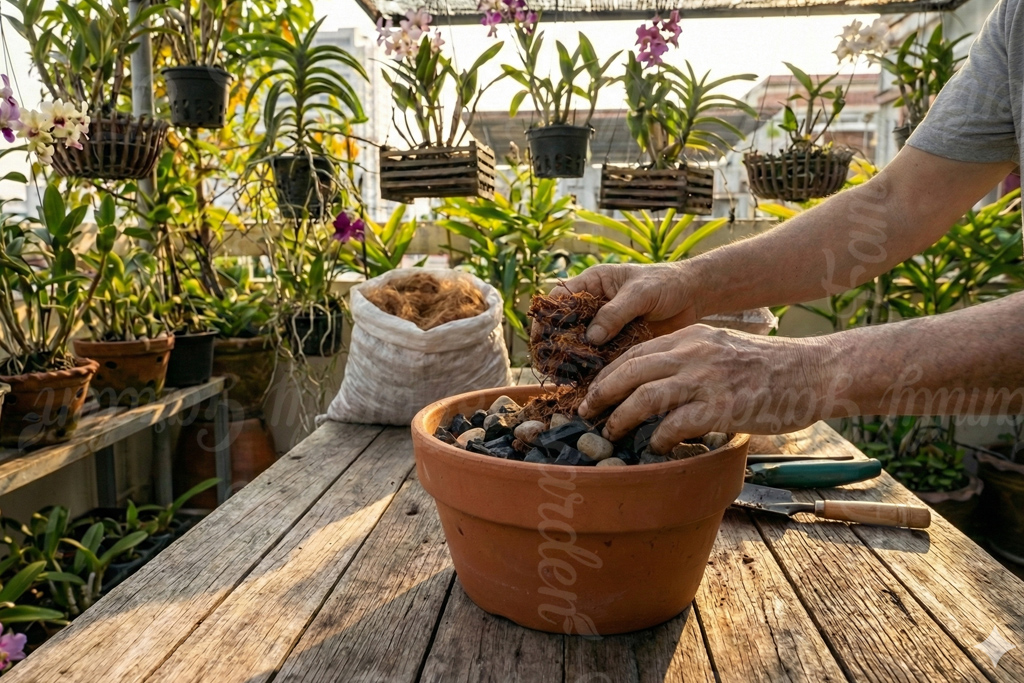 Đặt cây vào chậu, chỉnh rễ và cố định cây bằng que cắm. 