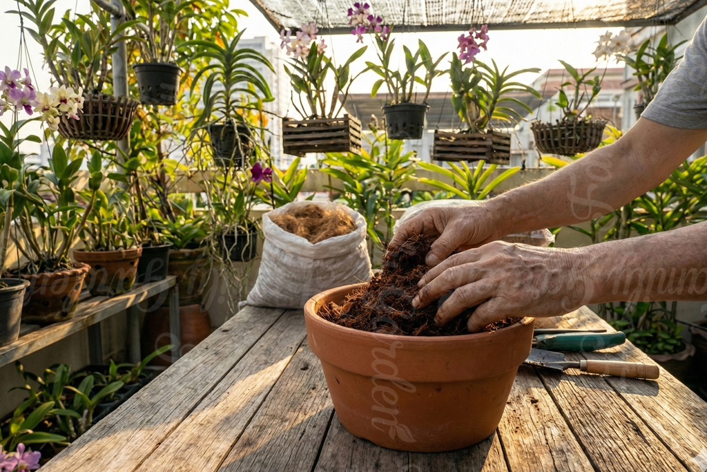 Chuẩn bị chậu trồng lan và xơ mụn dừa đã xử lý sạch trước khi trồng