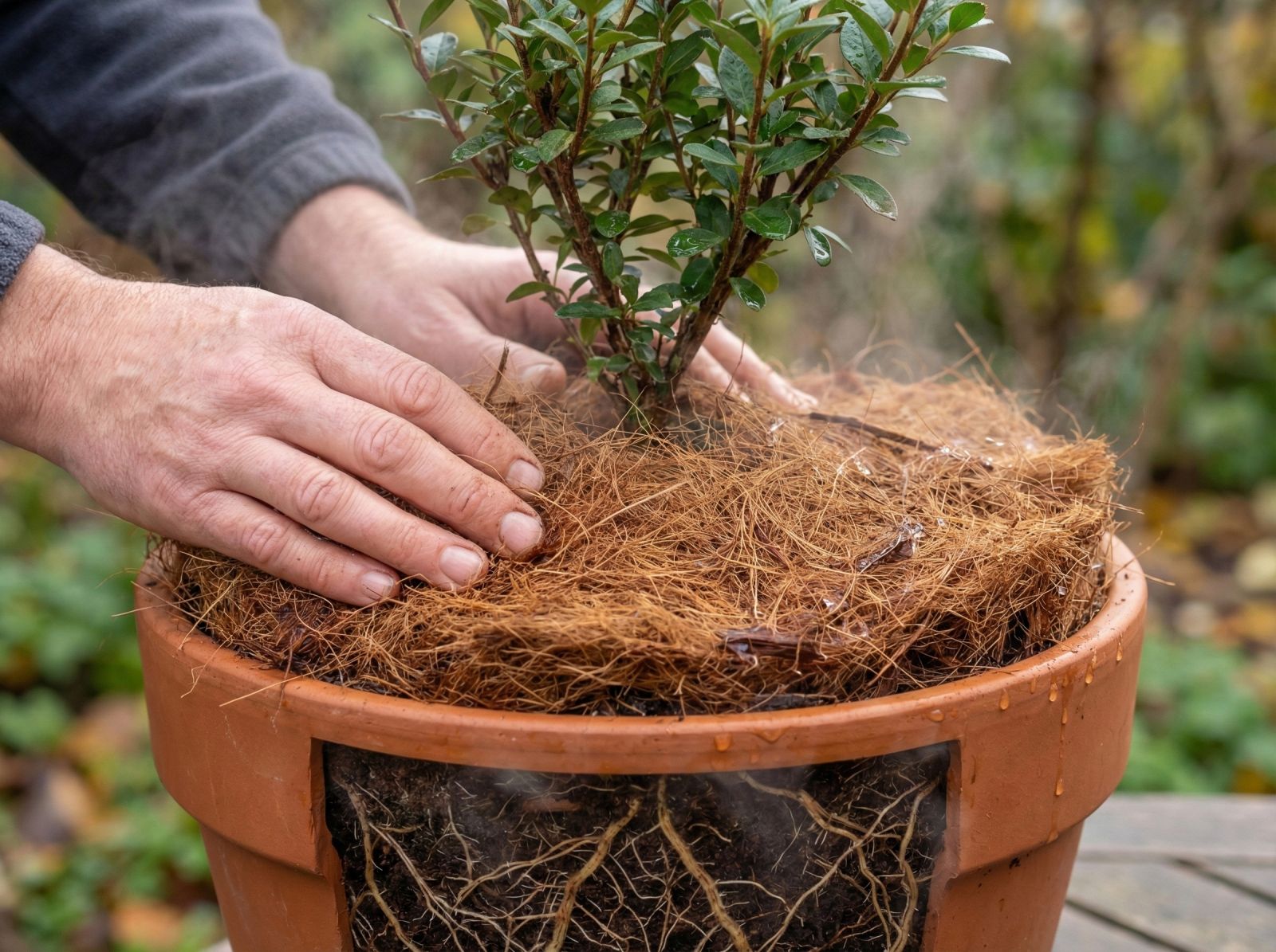 Phủ lớp xơ dừa lên bề mặt chậu để giữ ẩm và hạn chế thoát nhiệt cho vùng rễ 